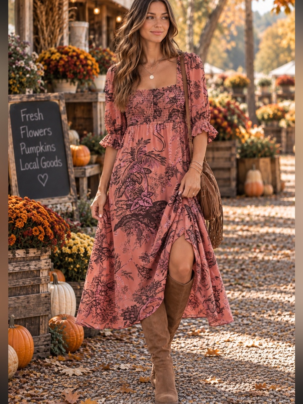 Anthropologie boho Smocked Floral Botanical Midi Dress with puff sleeves